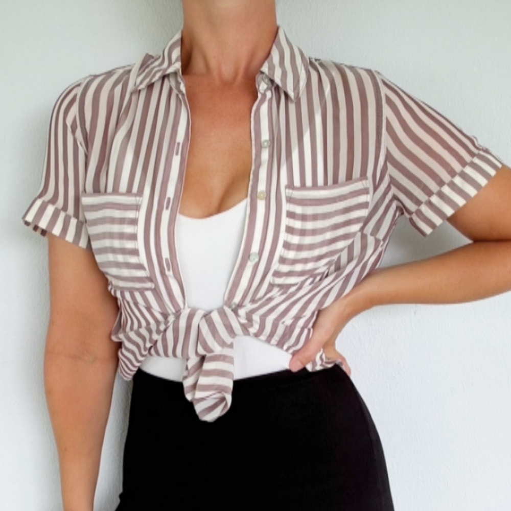 A New Day mauve purple white sheer chiffon stripe short sleeve blouse size XS
